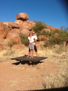 Here we are looking fab in our usual garb for warm weather (sorry KIWIs) in front of a very small section of the Devils Marbles