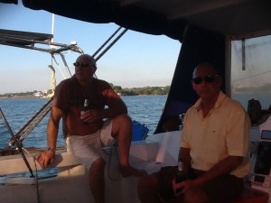 Steve and Adam, relaxing on the back of the boat - its a tough afternoon!