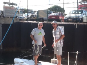 In the lock - Steve and Kerry about to tie the boat to the lock wall