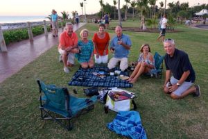 Rod, Dearne, Lyn, Steve, Jane and Bruce enjoying a wine watching sunset in Broome