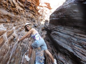 Jane doing the spider walk in Hancock Gorge